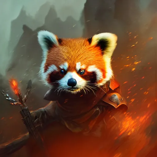 Image similar to Anthropomorphized red panda in battle armour, D&D, fantasy, cinematic lighting, highly detailed, digital painting, artstation, concept art, smooth, sharp focus, illustration, warm light, cozy warm tint, magic the gathering artwork, volumetric lighting, 8k, no gold, no gold colours, art by Akihiko Yoshida, Greg Rutkowski