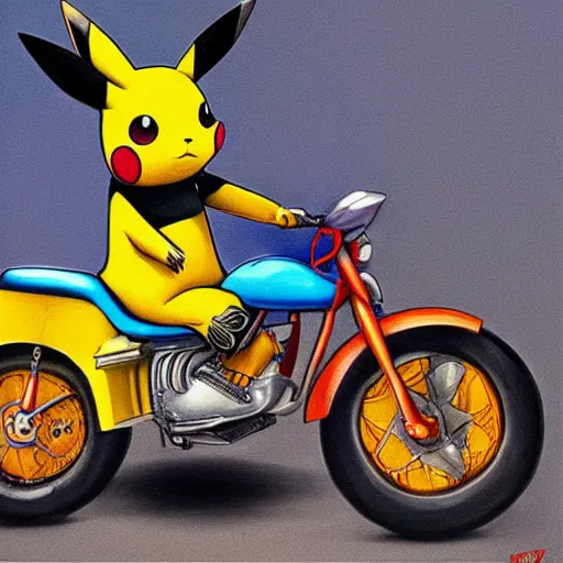 Image similar to pikachu riding motorcycle, nestor canavarro hyperrealist art style, sharp brushstrokes