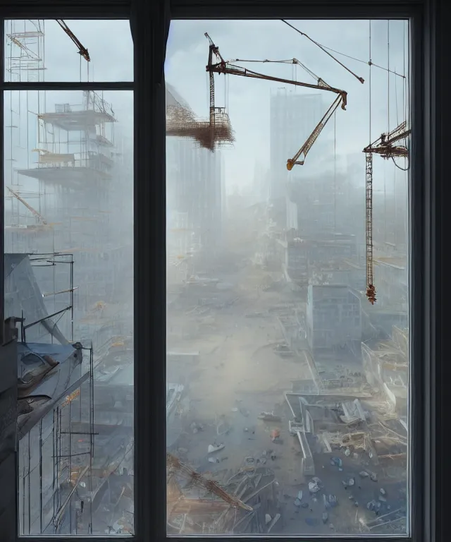 Prompt: view from a window frame of a construction site by charlie bowater and anna dittmann and artgerm and clemens ascher, intricate, elegant, beige mist, highly detailed, dramatic lighting, sharp focus, octane render, trending on artstation, artstationhd, artstationhq, unreal engine, 4 k, 8 k