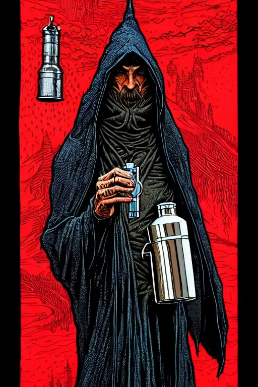 Prompt: wizard in a hooded cloak holding a flask, high details, intricately detailed, by vincent di fate, inking, 3 color screen print, masterpiece, trending on artstation,, sharp, details, hyper - detailed, hd, 4 k, 8 k