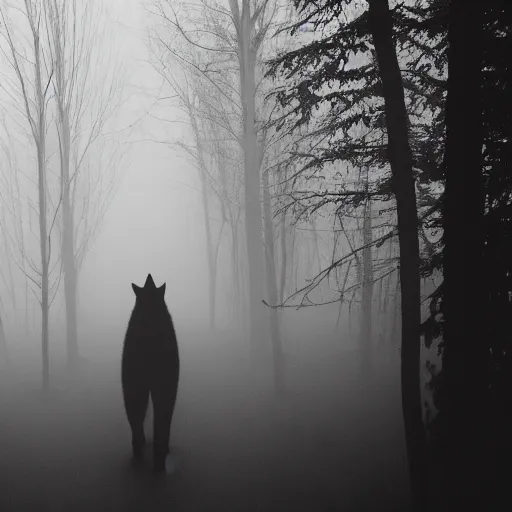 Image similar to a short furry monster with black fur walks out of a misty forest, silhouette, 3 5 mm