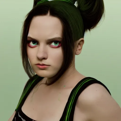 Prompt: artstation young woman with green eyes and pigtails her head in fury, very detailed, , portrait, high contrast