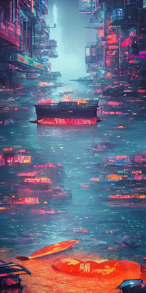 Prompt: <https://s.mj.run/MsBSq5obAXY> Asian boat floating on :: an underwater cyberpunk neon city:: futuristic :: large orange fish under water:: artstation:: Thomas dubois:: trending on artstation