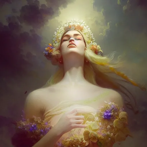 Image similar to epic portrait an statue of an flower goddess, beautiful, cracky, broad light, ambient occlusion, volumetric light effect, made by ivan aivazovsky, peter mohrbacher, greg rutkowski, matte painting, trending on artstation, 4 k, perfectly defined features, digital painting,