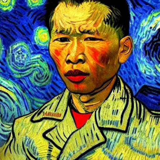 Image similar to pol pot in van gogh painting, 4 k, hyper realistic, dslr, high resolution, landscape, beautiful