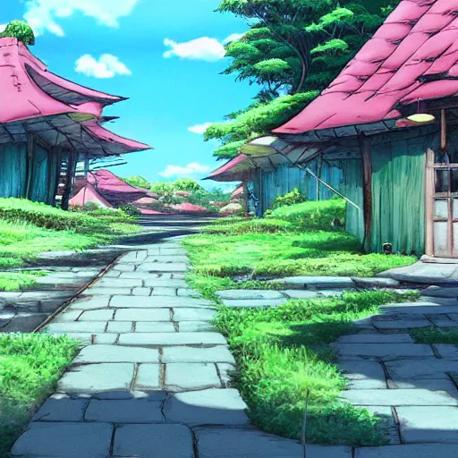 Prompt: gibli studio background anime style background painting, kazuo oga background, hayao miyazaki painting