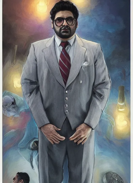 Image similar to portrait of Harvey Guillen from the TV series What We Do in the Shadows (2019), highly detailed, centered, solid color background, digital painting, artstation, concept art, smooth, sharp focus, illustration, artgerm, donato giancola, Joseph Christian Leyendecker, Les Edwards, Ed Repka, WLOP, Artgerm