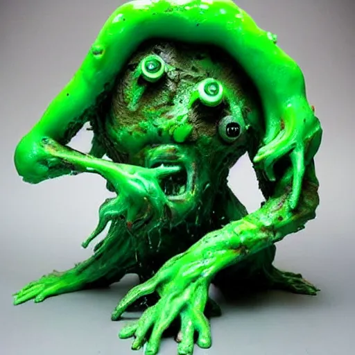 Image similar to a cute and colorful grimy slimepunk ooze monster sculpture