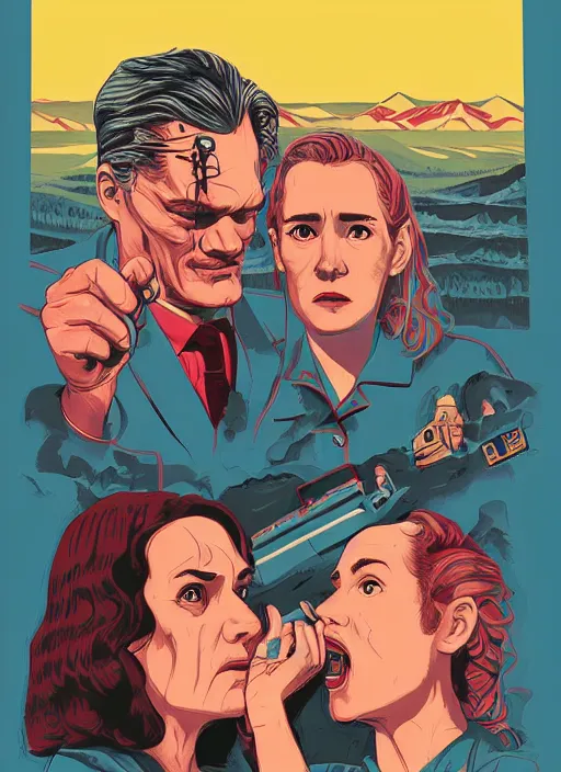 Prompt: Twin Peaks art, of Michael Shannon dressed as mechanic talking to Jennifer Connelly wearing light blue diner waitress dress, poster artwork by Tomer Hanuka, Sam Weber, Laurent Durieux, Katherine Lam, from scene from Twin Peaks, clean