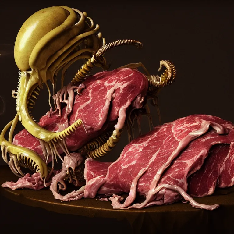 Prompt: still life of rotten meat flesh, white xenomorph, beautiful pastel tropical flowers, metallic human spine, colorful mold, baroque painting, beautiful detailed intricate insanely detailed octane render, 8K artistic photography, photorealistic, chiaroscuro, Raphael, Caravaggio