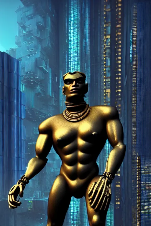 Image similar to high quality 3 d render brutalist cyborg! muscular man monkey blue hybrid sitting, gold madhubani, highly detailed, cyberpunk!! mumbai in the background, unreal engine cinematic smooth, szukalski & blade runner, moody light, low angle, uhd 8 k, sharp focus