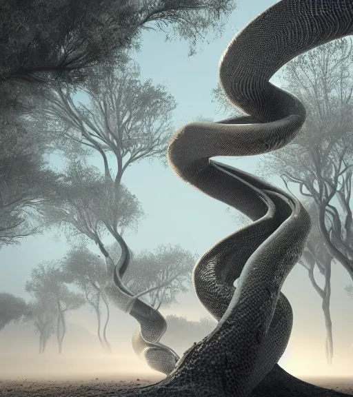 Image similar to surreal white snakes forming a tall tree, futuristic in the desert, foggy sky, dark night, octane render, unreal engine, pale colors, high detail, 8 k, wide angle, trending on artstation, behance