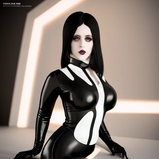 Image similar to portrait of a curvy feminine pale goth cutie in a modest intricate latex-leather-rubber tight neck-high outfit, with a thin waist, cgsociety, photorealistic, sublime-comfy-elegant ambience, 16k, smooth, sharp focus, trending on ArtStation, volumetric lighting, fully clothed, worksafe