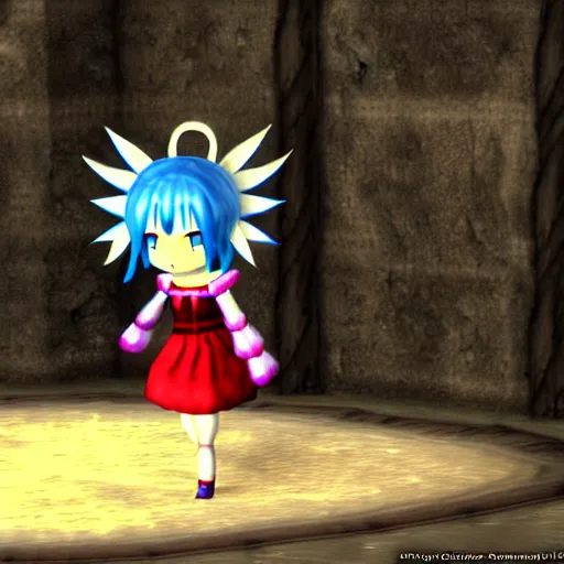 Image similar to cirno from touhou project in morrowind, game screenshot, retro 3 d, pc game, elder scrolls, morrowind, mushrooms