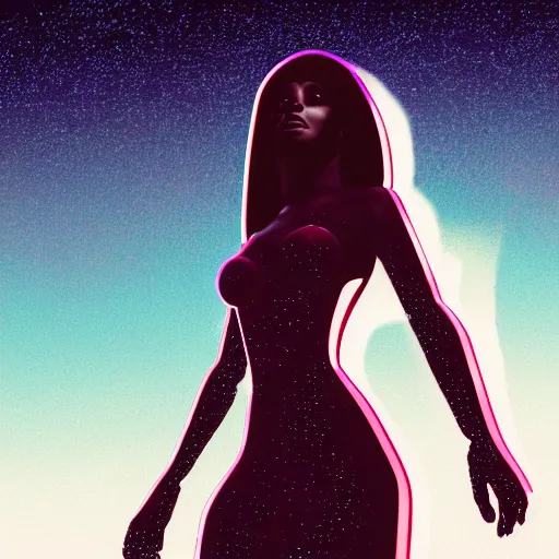 Image similar to A wide angle shot from below of a feminine body walking with swagger towards camera on mars in an infinite universe , synthwave digital art