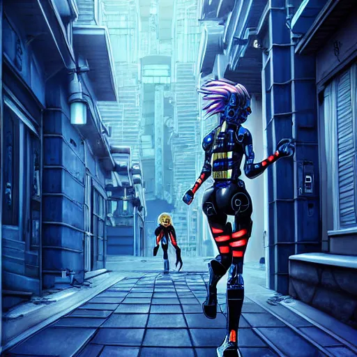 Image similar to cyborg - girl breaking into pieces as it walks down a street, highly detailed, painting, dark blue and black color palette, intricate, high quality anime artstyle,