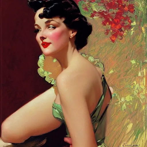 Image similar to portrait of a beautiful woman, intricate, elegant, highly detailed, by gil elvgren, greg manchess, mucha