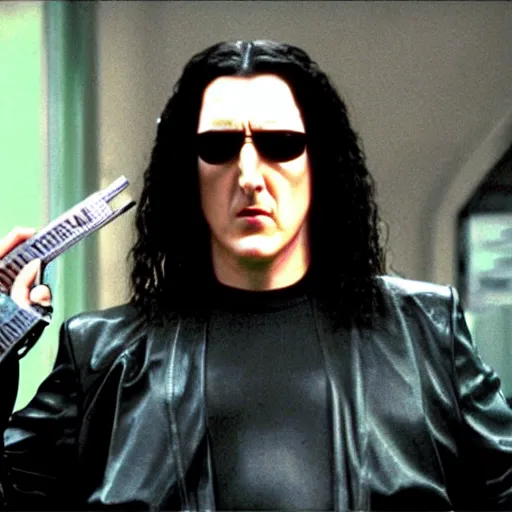 Prompt: a film still of weird al starring as neo in the matrix