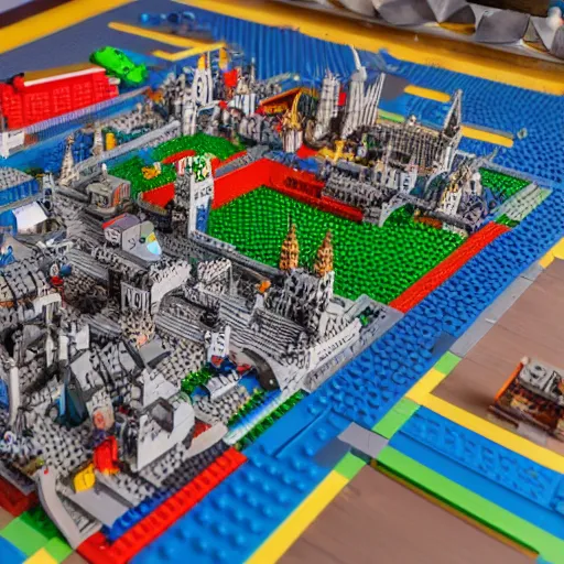 Image similar to detailed lego build of dublin city on garage table, professional photo, professional lighting, HDR