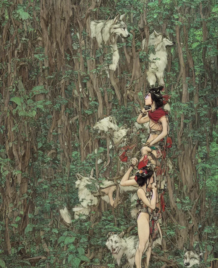 Image similar to Princess Mononoke, single figure, wolves, fully clothed in armor, lush fairy forest, neon, concept art, schematics, studio ghibli, gnarly trees, painted by norman rockwell, mucha, james gurney, high detail, denoised, sharp, architectural