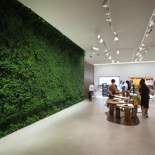 Image similar to interior photography of a Microsoft Samsung flagship store, wood, polished concrete, spotlights, verdant plants green wall, water feature, award winning interior design, patterns, retaildesignblog, retail-focus, retaildive, dezeen, 14mm, 8k, cinestill, pentax, film