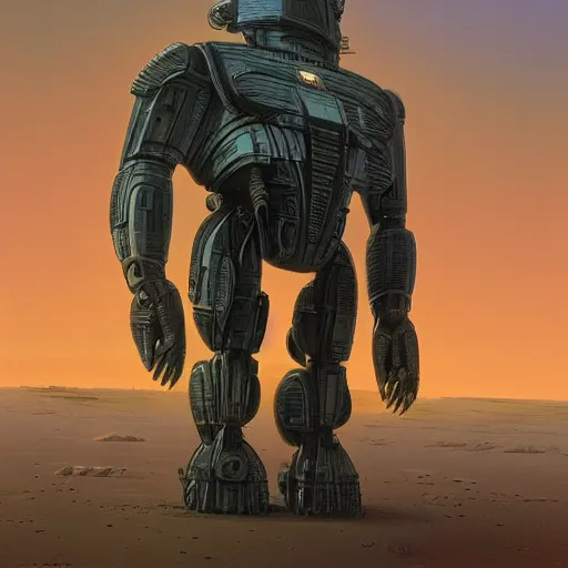 Prompt: a anthromorphic humanoid tank in the style of Ralph McQuarrie/Syd Mead/John Berkey/Jean Giraud detailed realistic HD 8k High Resolution