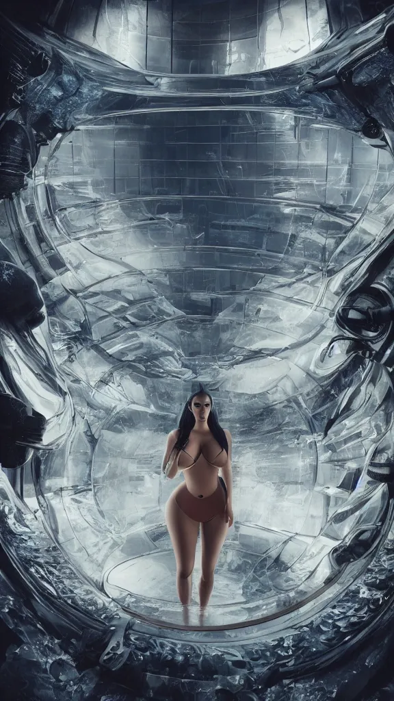 Image similar to kim kardashian inside alien water tank, attire: bikini, Polaroids, establishing action shot, ultra detailed, trending on artstation, concept art, intricate details, 8k detail, post processing, hyperealistic, octane render, led lights, full body, full shot.