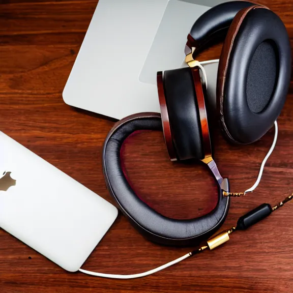 Prompt: beautiful meze classics headphones on a mahogany desk next to a sleek macbook, modernist headphones, wood headphones, gold metals, intricate high detail, extreme quality, photographic, meze audio, sennheiser, hifi