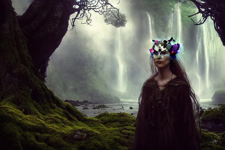 Image similar to an ultra realistic, cinematic, fantasy, headshot portrait, of an elden ring elf, fairy lights, facial features, background of a vast serene landscape, with trees and waterfalls, detailed, deep focus, movie still, dramatic lighting, ray tracing, by michal karcz and yoshitaka amano