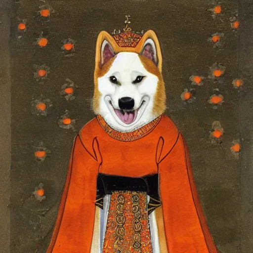 Image similar to female red akita inu dog dressed as a queen in an ornate dress with orange slices pattern, medieval painting