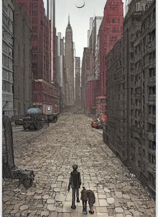 Prompt: illustration of a 2 0 8 0 desolate new york street scene by shaun tan, clean, emptyness, torn paper decollage, graphic novel, oil on canvas by edward hopper, ( by mattias adolfsson ), by moebius