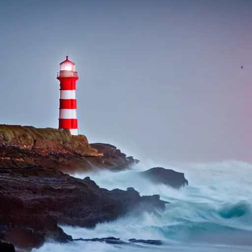 Prompt: close up of light house on cliffs at night with rough seas and high waves, stormy unreal 5