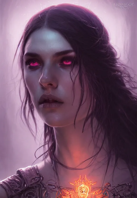 Image similar to Necromancer Sorceress face close-up macro in center, fantasy magic, undercut hairstyle, dark light night, intricate, elegant, sharp focus, illustration, highly detailed, digital painting, concept art, matte, art by WLOP and Artgerm and Greg Rutkowski and Alphonse Mucha, masterpiece