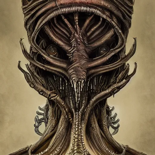 Image similar to portrait of a lovecraftian eldritch horror, centered, h. r. giger, highly detailed, high definition, 8 k, trending on artstation w 1 0 8 0 h 1 9 2 0