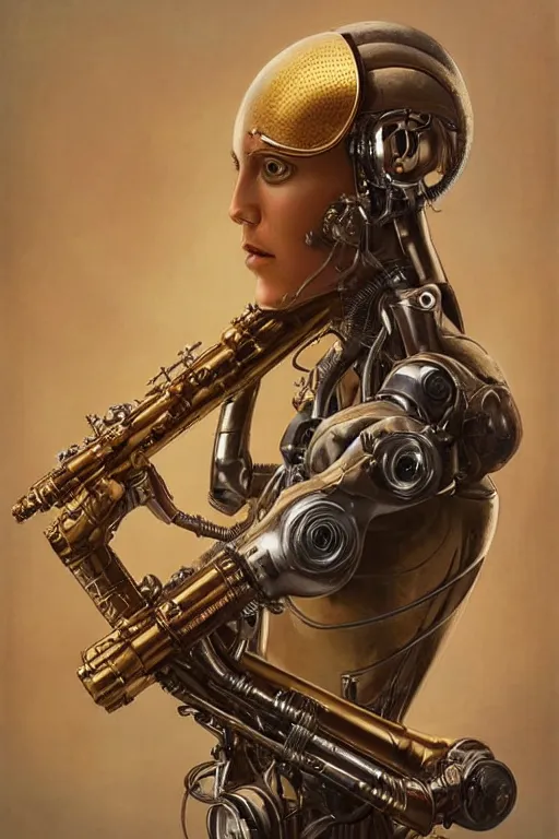 Prompt: a beautiful ultradetailed vintage photo of cyborg playing an oboe, by tom bagshaw and anna dittman, portrait, vignette, 3 5 mm lens, golden ratio composition, detailed face, studio photography, very detailed, humanoid, industrial robot, artstation, 8 k, highly coherent