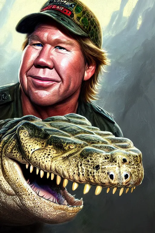 Image similar to ultra detailed close up facial portrait of steve irwin the crocodile hunter, extremely detailed digital painting, in the style of fenghua zhong and ruan jia and jeremy lipking and peter mohrbacher, mystical colors, rim light, beautiful lighting, 8 k, stunning scene, raytracing, octane, trending on artstation