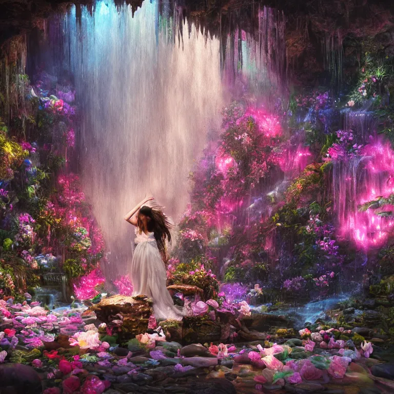 Image similar to oil painting, rich deep colors masterpiece, waterfall, gray, pink, ultra detailed, beautiful fantasy cave scene, contrast, firefly lights, neon drops, neon stones, redheaded flower girl and dress made of fresh flowers, roses, lilies, volumetric light, neon signs, atmospheric lighting, dramatic, cinematic, steampunk, moody, octane render 4 k, 8 k