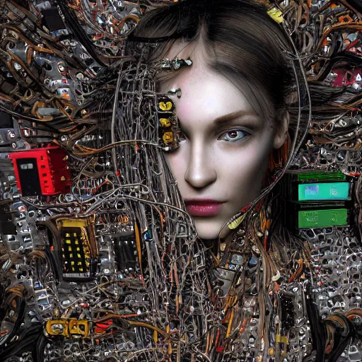 Image similar to piles of modular synth cables mixed with mangrove roots mixed with old video game consoles, puerto rican grafitti goddess chilling out wearing a headpiece made of circuit boards, by cameron gray, wlop, stanley kubrick, masamune, unique perspective, epic, trending on artstation, photorealistic, 3 d render, vivid