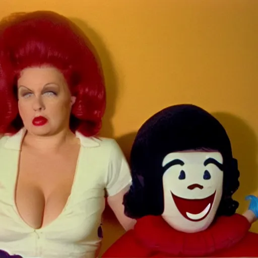Prompt: bored housewife meets a confused inflatable toy in a seedy motel room, 1978 color Fellini film, ugly motel room with dirty walls and old furniture, archival footage, technicolor film, 16mm, live action, John Waters, campy and colorful
