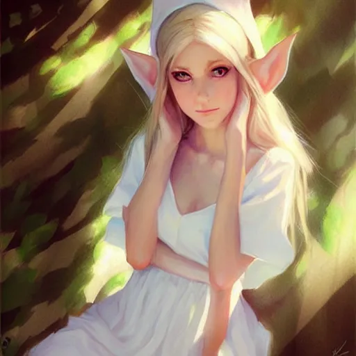 Image similar to beautiful elf girl in white dress, portraiture, by krenz cushart