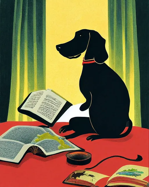 Image similar to dachshund reading a book, painting, super detailed and intricate, hyper realistic, by koson ohara, by darwyn cooke, by hiroshi yoshida, by kentaro miura