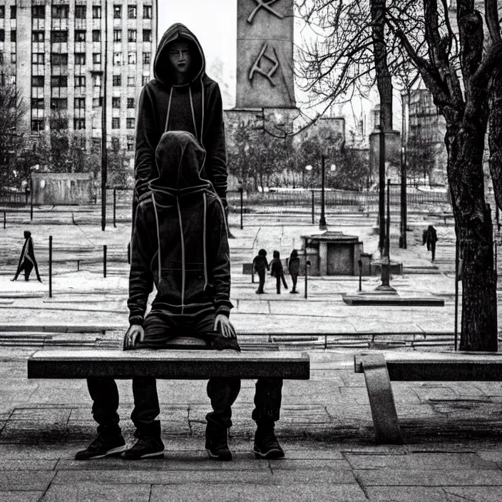 Image similar to sadie sink in hoodie sat on bench in ruined square, pedestrians walk by. background of old soviet monument and pedestrians. storyboard, scifi cyberpunk. by gabriel hardman, joe alves, chris bonura. cinematic atmosphere, detailed and intricate, perfect anatomy