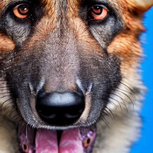 Image similar to 4 k high resolution, hdr photo of an animal hybrid of a german shepherd and a fox, with blue fur and blue eyes, award winning studio photography
