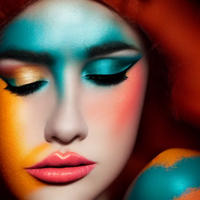 Image similar to amazing closeup portrait of a young woman with beautiful colorful make up by Sir John, Pat McGrath, perfect colorful teal orange eyeshadows, 50mm portrait, beautiful detailed intricate insanely detailed octane render trending on Artstation, 8K artistic photography, photorealistic, dramatic volumetric cinematic perfect light, chiaroscuro, award-winning photograph, masterpiece, Raphael, Caravaggio, harsh flash photography