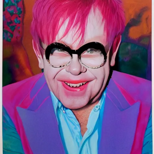 Prompt: Elton John in pink palace, oil Painting by Pipilotti Rist