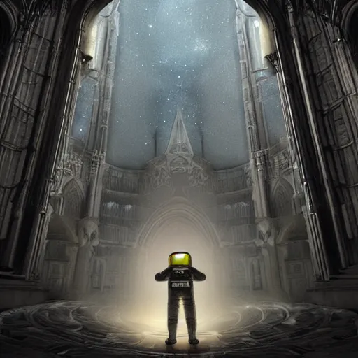 Image similar to astronaut on a dystopian planet looking up at an eerie gothic cathedral with an obsidian vortex floating in the sky