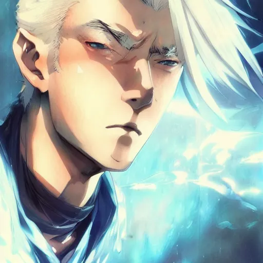 Prompt: anime style portrait of a young man with white hair and blue eyes, dramatic lighting, anime illustration by Greg rutkowski, yoji shinkawa, 4k, digital art, concept art, trending on artstation, アニメ, featured on pixiv