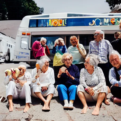 Image similar to an group of elderly people on the surface of the moon, 🌕, 🍦, eating ice - cream, tourist bus, canon eos r 3, f / 1. 4, iso 2 0 0, 1 / 1 6 0 s, 8 k, raw, unedited, symmetrical balance, wide angle