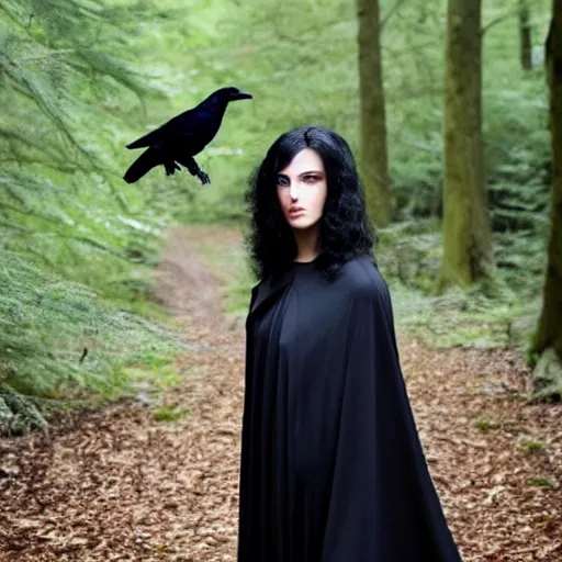 Image similar to raven haired seductive supermodel maiden with stunning light eyes with a beautiful face, fair soft skin, wearing a cloak, in a creepy forest