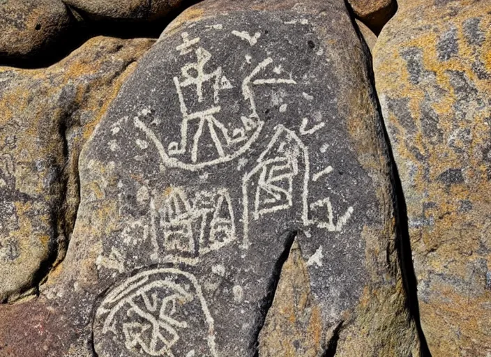 Prompt: Closeup photograph of petroglyphs on a boulder